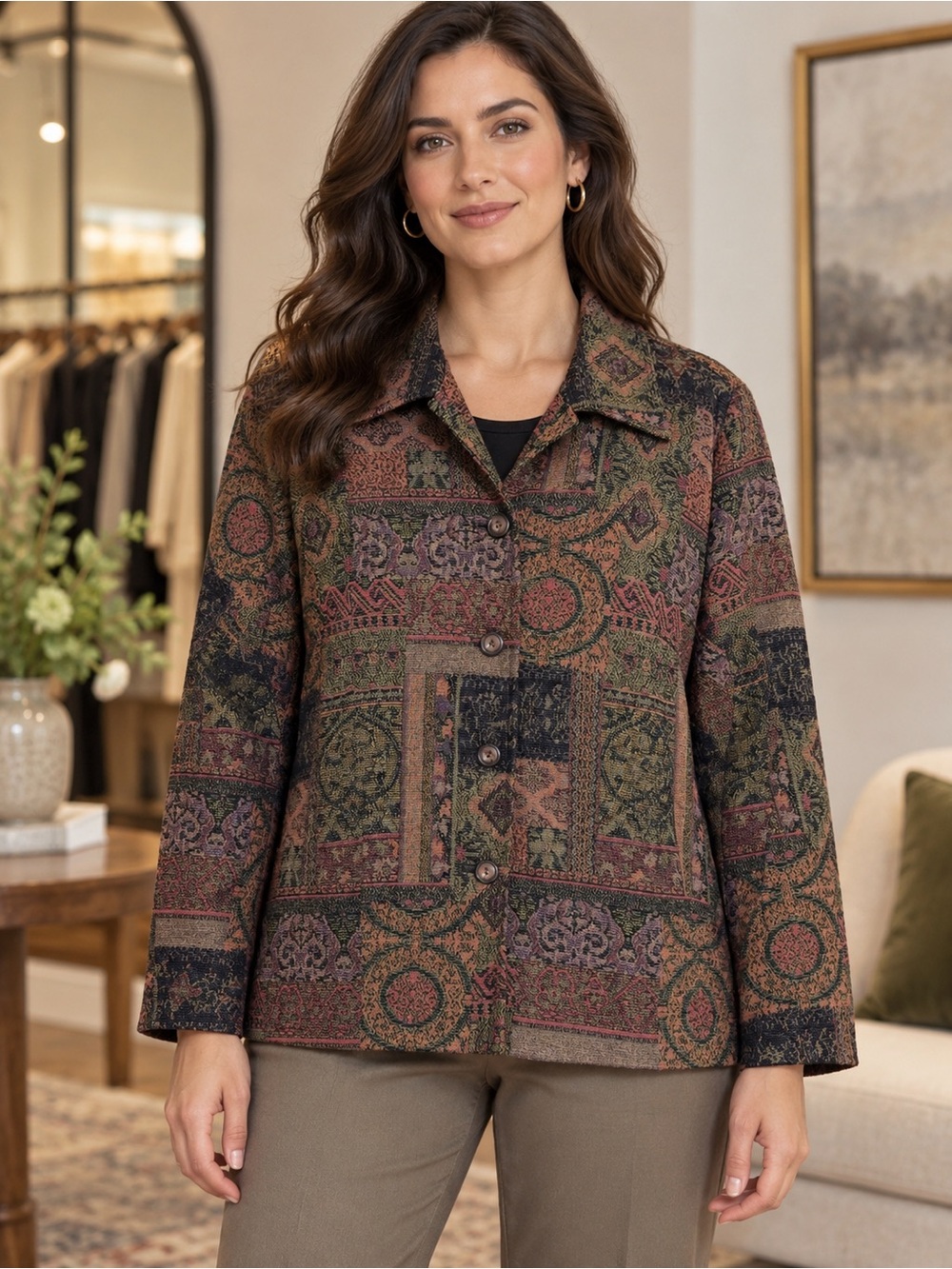 Appleseed's Olive Multi Mosaic Button-Front Jacket